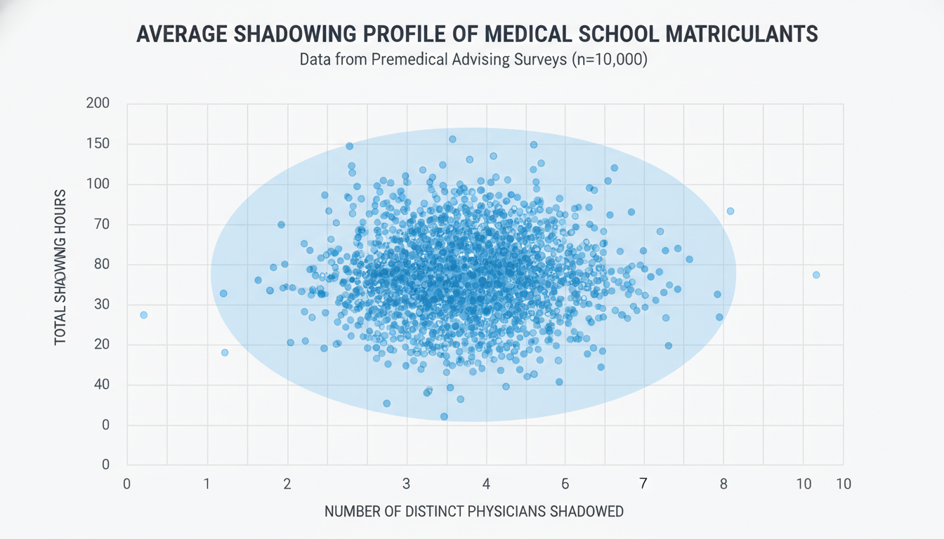 Chart of number of physicians shadowed versus total hours -  for How Many Different Physicians Do Matriculants Shadow on Aver