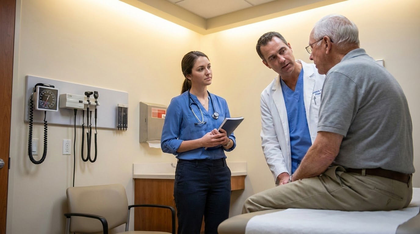 Premed student shadowing a physician while carefully observing professional boundaries -  for How Overstepping Boundaries Dur