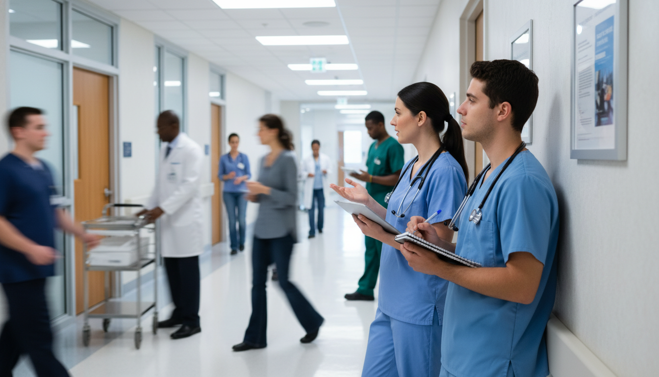 Medical student shadowing in a busy clinic hallway -  for How Physicians Test Your Professionalism Quietly During Shadowing