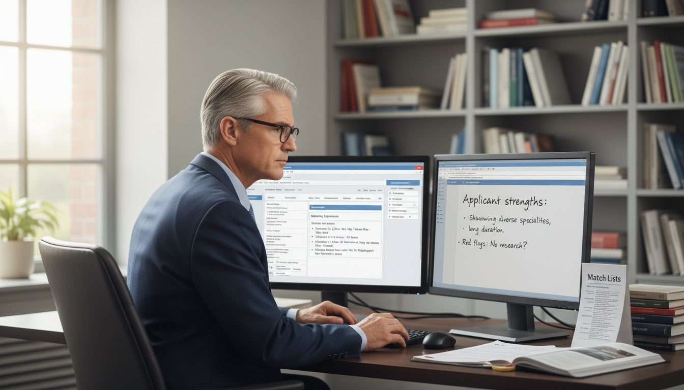 Medical residency program director reviewing applications on a computer Medical residency program director reviewing applications on a computer - for How Program Directors Read Shadowing Experienc