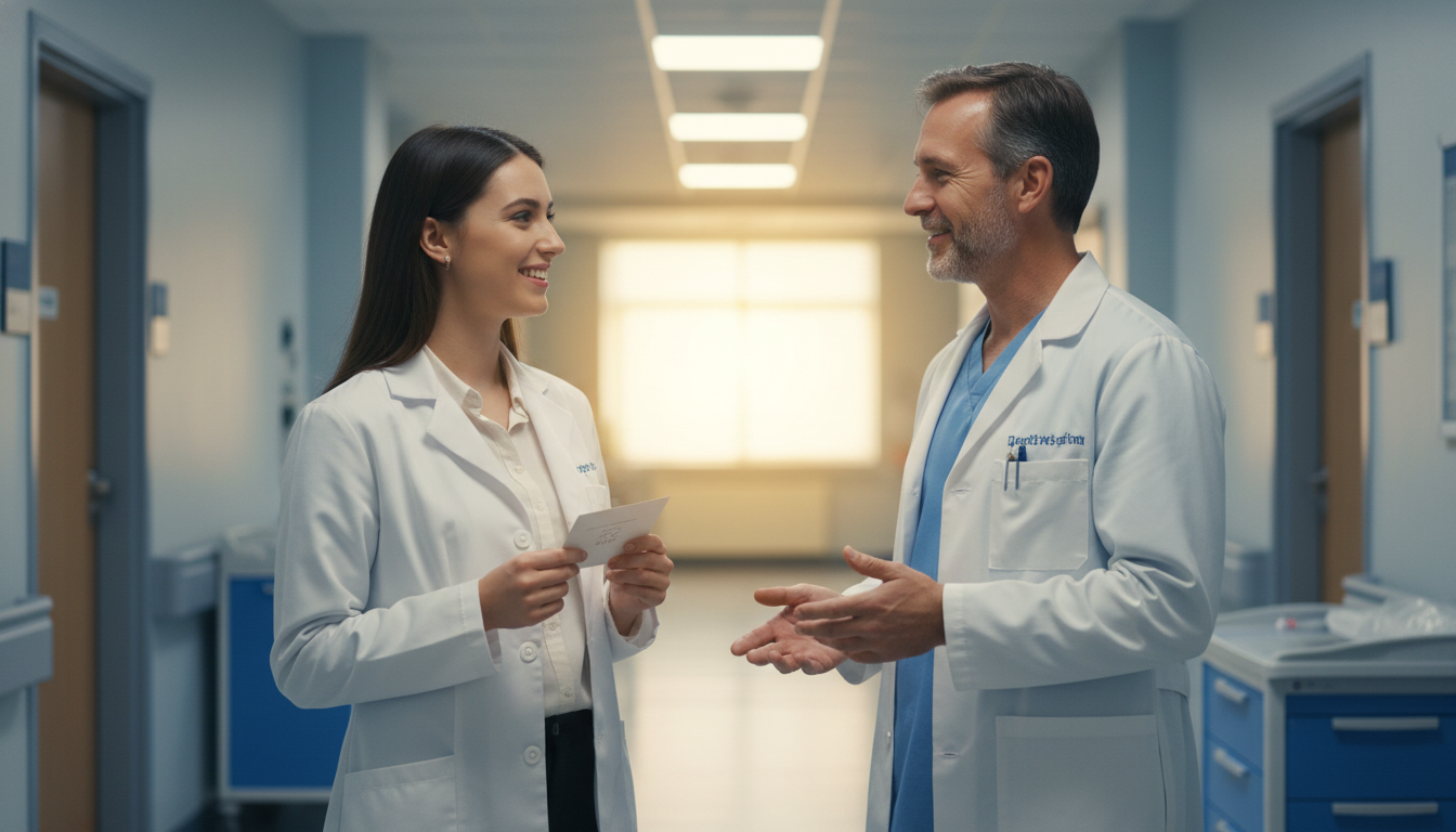 Premed student talking with physician mentor in clinic hallway -  for How to Exit a Shadowing Arrangement That’s a Poor Fit W