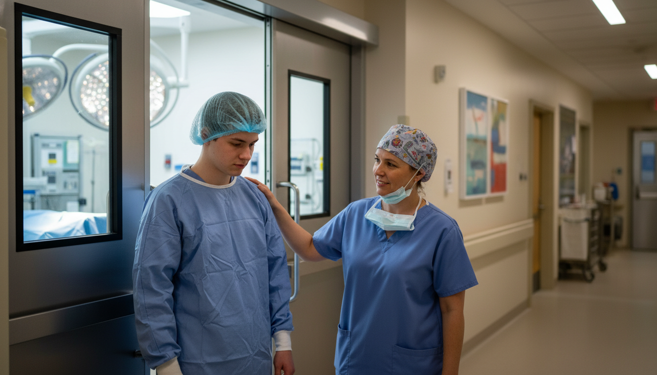 Premed student stepping out of an operating room looking pale but composed -  for How to Politely Set Boundaries in Uncomfort