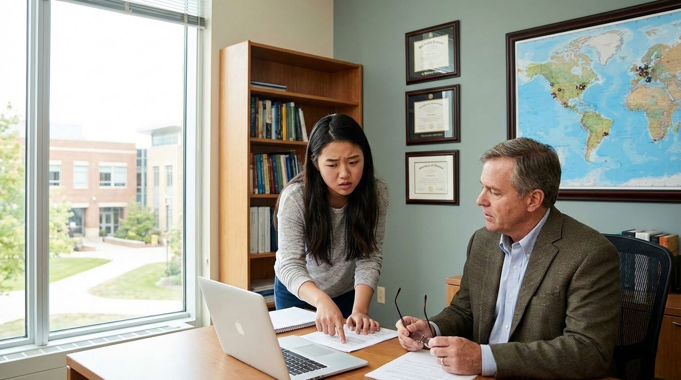 International premed student meeting with advisor on campus International premed student meeting with advisor on campus - for International Student in the U.S.: Navigating Shadowing Re