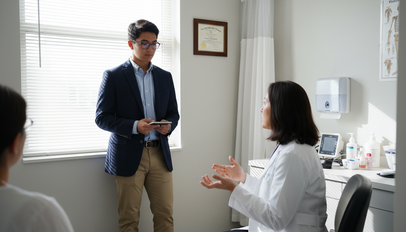 Student observing physician in small clinic exam room Student observing physician in small clinic exam room - for International Student in the U.S.: Navigating Shadowing Restrict