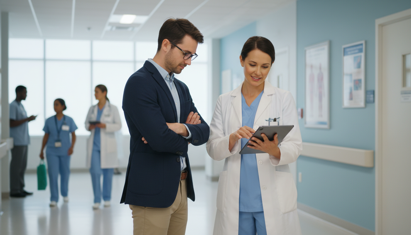 Introverted premed student shadowing a physician in clinic -  for Introvert’s Playbook: How to Engage Attendings While Shadow