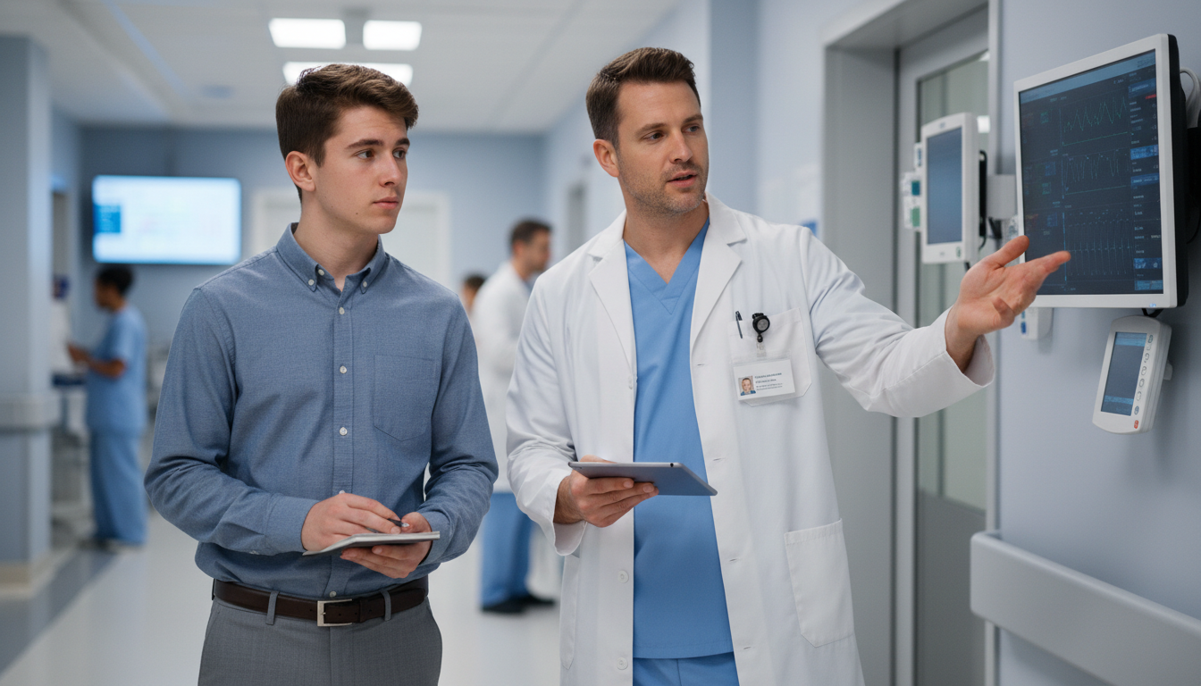 Premed shadowing a physician in a hospital hallway -  for Is Shadowing One Specialty a Red Flag? What Data and Deans Say