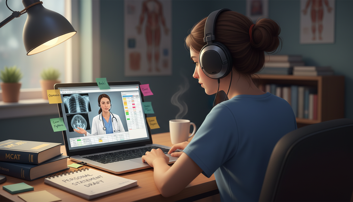 Premed student participating in a virtual shadowing session with a physician on a laptop -  for Is Virtual Shadowing Legit? S