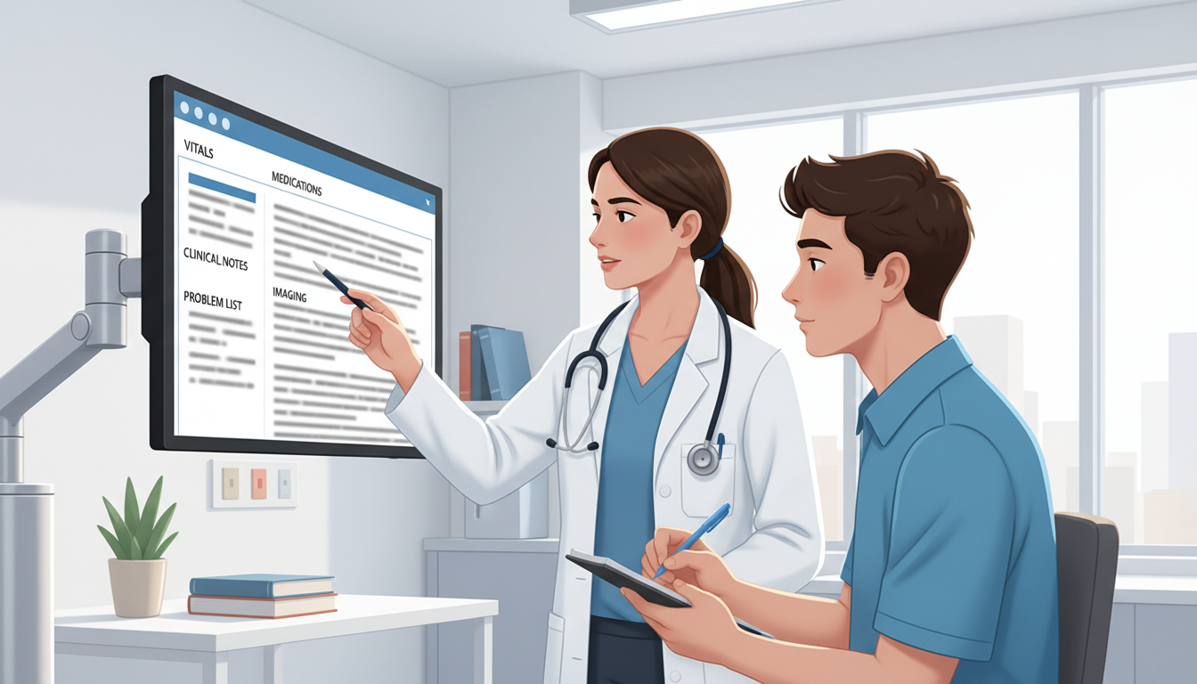 Physician and student reviewing EMR sections together Physician and student reviewing EMR sections together - for Reading the EMR While Shadowing: What to Focus On and What to Ig