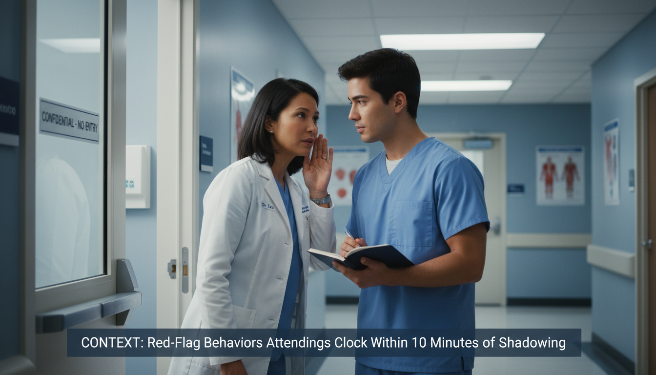 Attending physician and student outside a patient room, discussing confidentiality -  for Red‑Flag Behaviors Attendings Clock