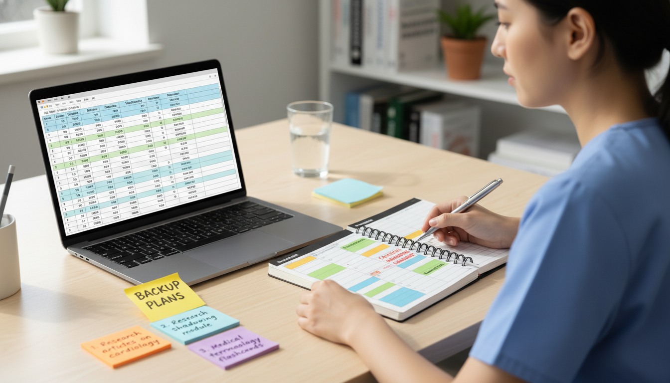 Premed student tracking clinical experiences in a planner and spreadsheet -  for Shadowing Canceled Last Minute? Backup Plans