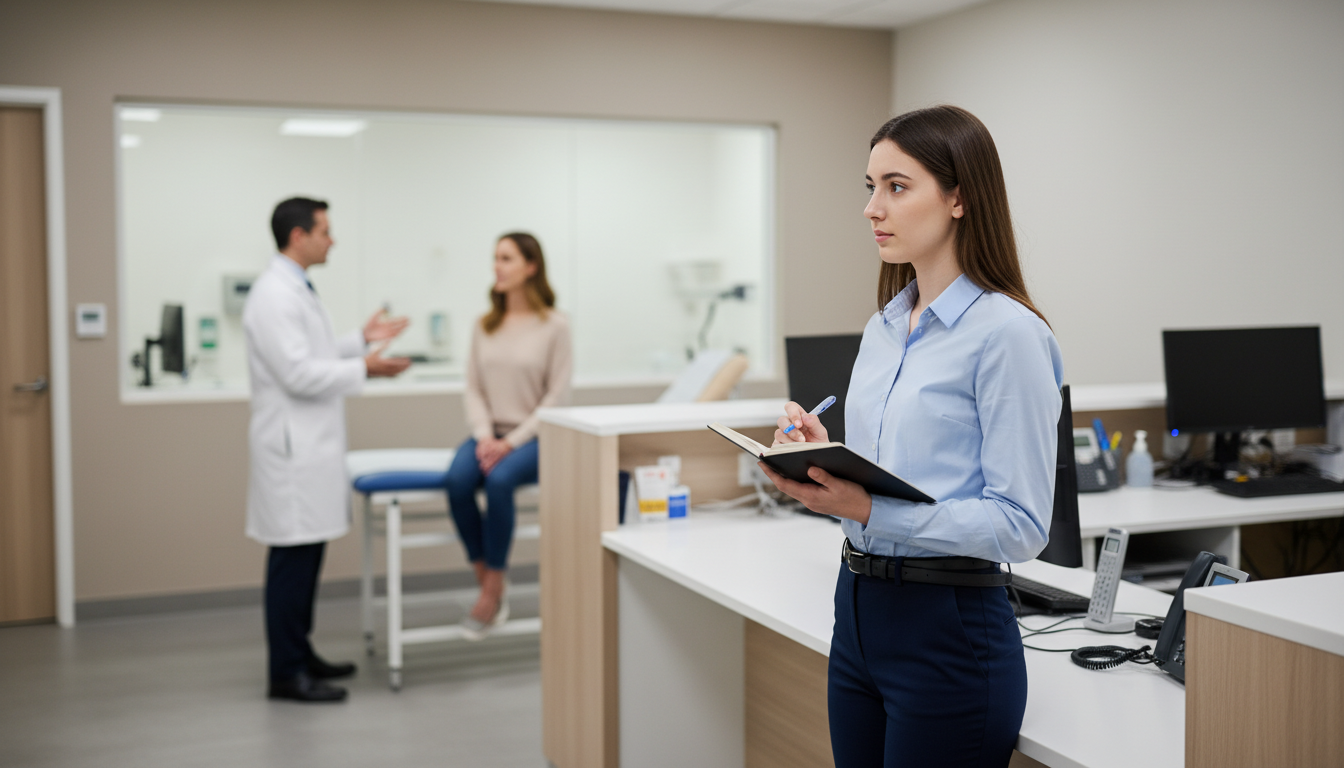 Premed student dressed professionally while shadowing in clinic -  for Shadowing Etiquette Doctors Expect but Never Explain O