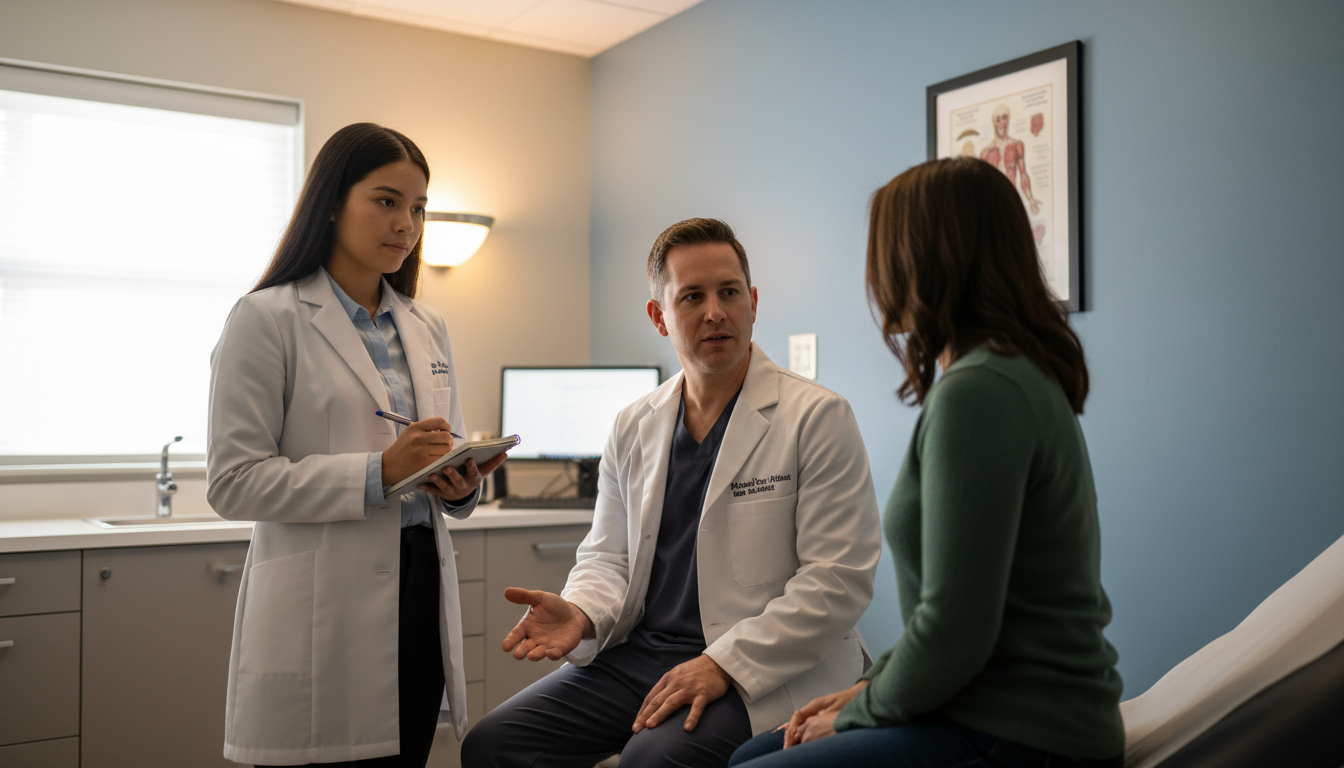 Shadowing student quietly observing a patient-physician interaction -  for Shadowing Etiquette Doctors Expect but Never Expla