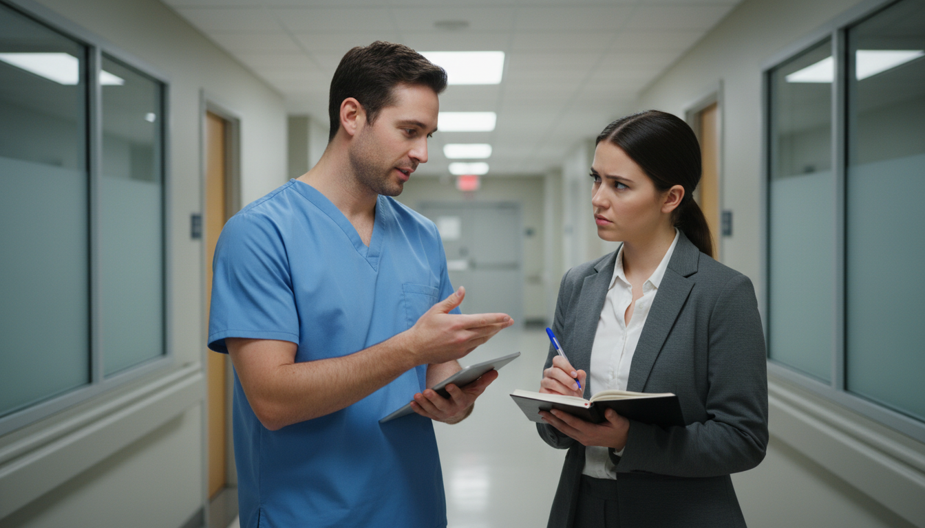 Physician debriefing with a shadowing student in hospital hallway -  for Shadowing Etiquette Doctors Expect but Never Explain