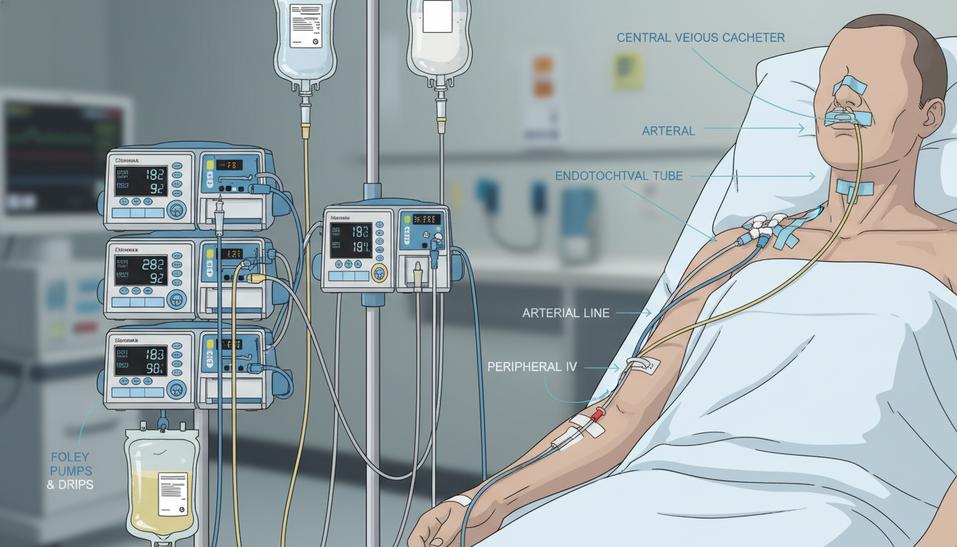 Annotated ICU lines and monitors in a critical care setting -  for Shadowing in the ICU: Key Monitors, Lines, and Drips to Re