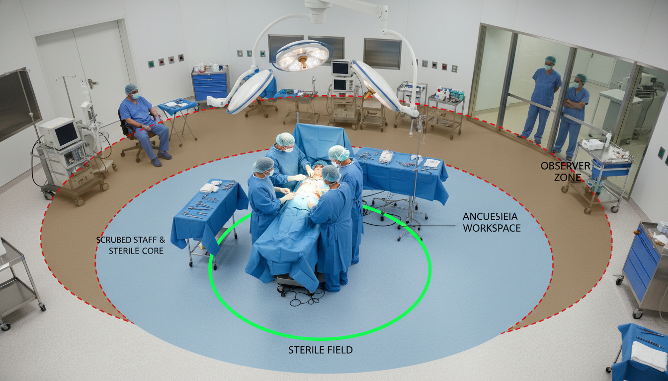 Diagram of sterile and non-sterile zones in the operating room -  for Shadowing in the Operating Room: Stepwise Etiquette and