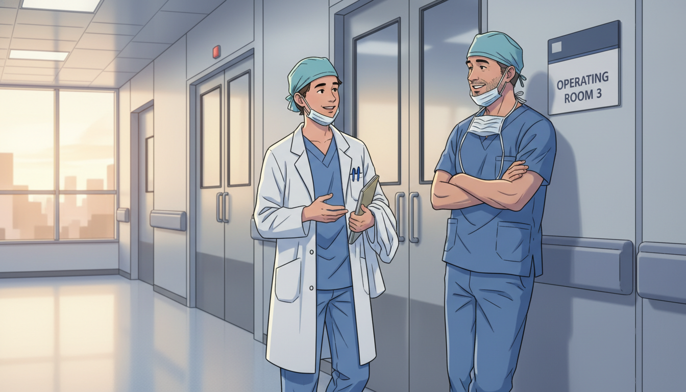Student thanking surgeon after operating room shadowing -  for Shadowing in the Operating Room: Stepwise Etiquette and Safety