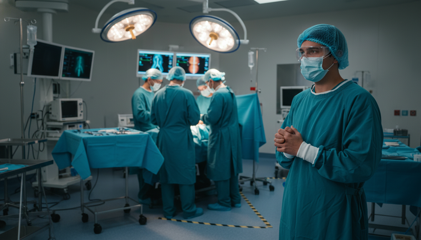 Premed student cautiously observing surgery in operating room -  for Shadowing in the OR: Safety and Sterility Errors You Mus