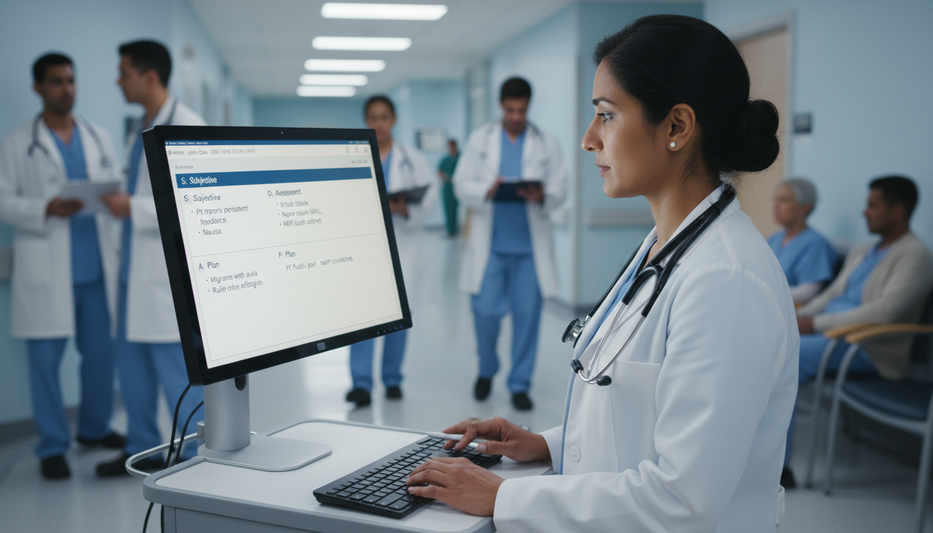 Doctor documenting clinical notes in the EHR during rounds Doctor documenting clinical notes in the EHR during rounds - for Shadowing on Rounds: Decoding Orders, Notes, and Hand‑Offs