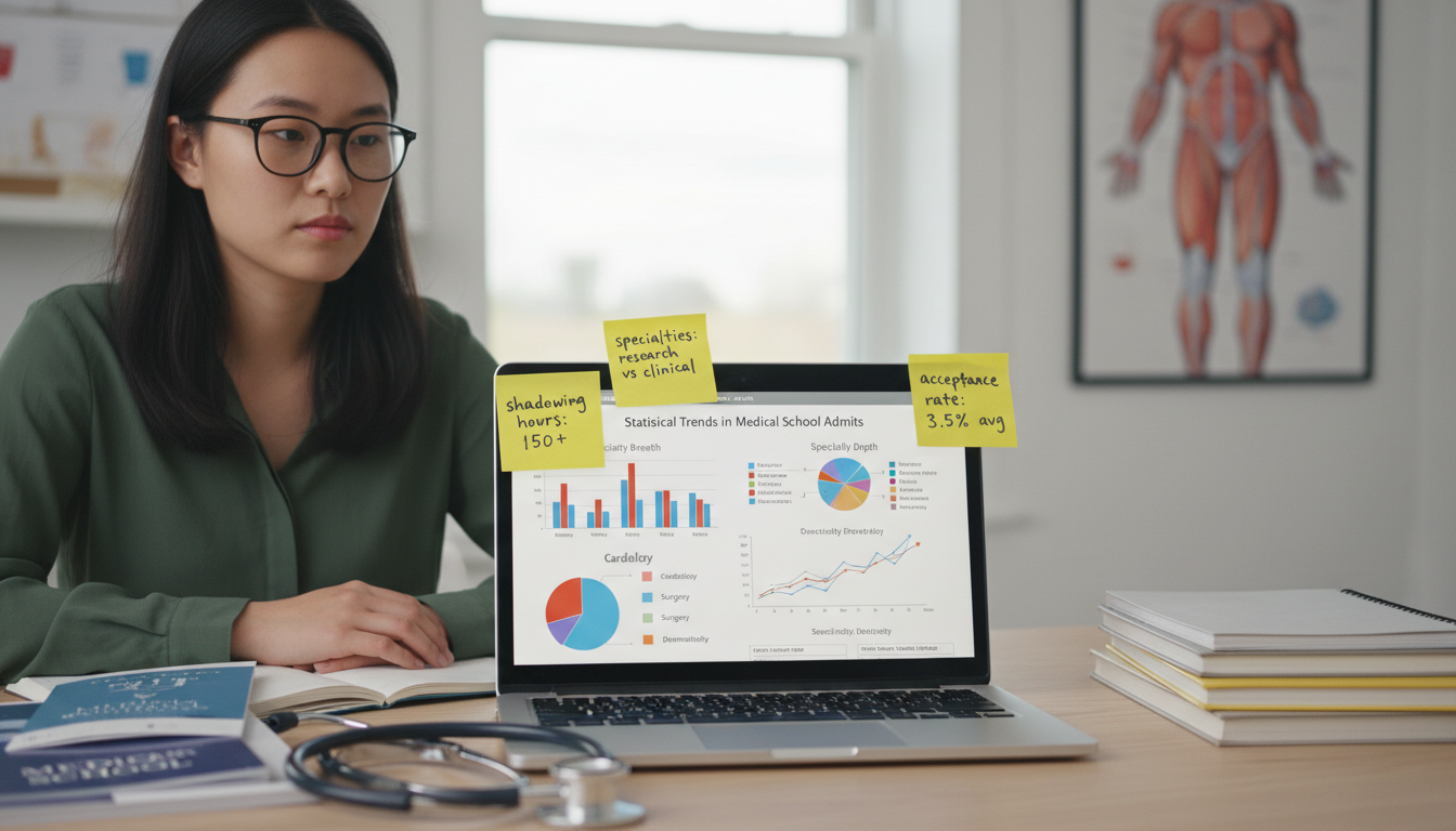 Premed student comparing medical specialties data on a laptop -  for Shadowing Specialty Breadth vs Depth: Statistical Trends