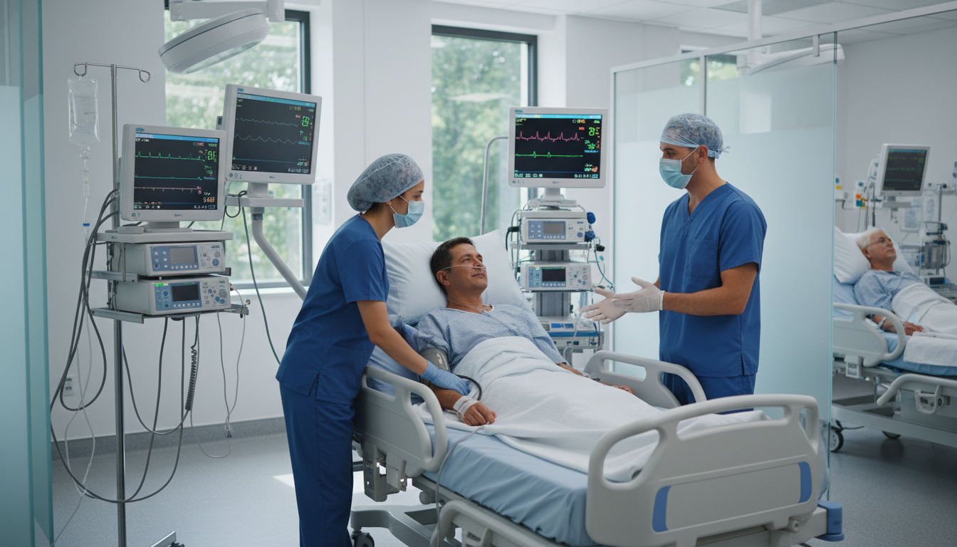 Postoperative recovery room with patient and nurse monitoring -  for Shadowing Surgeons: Understanding Pre‑Op, Intra‑Op, and