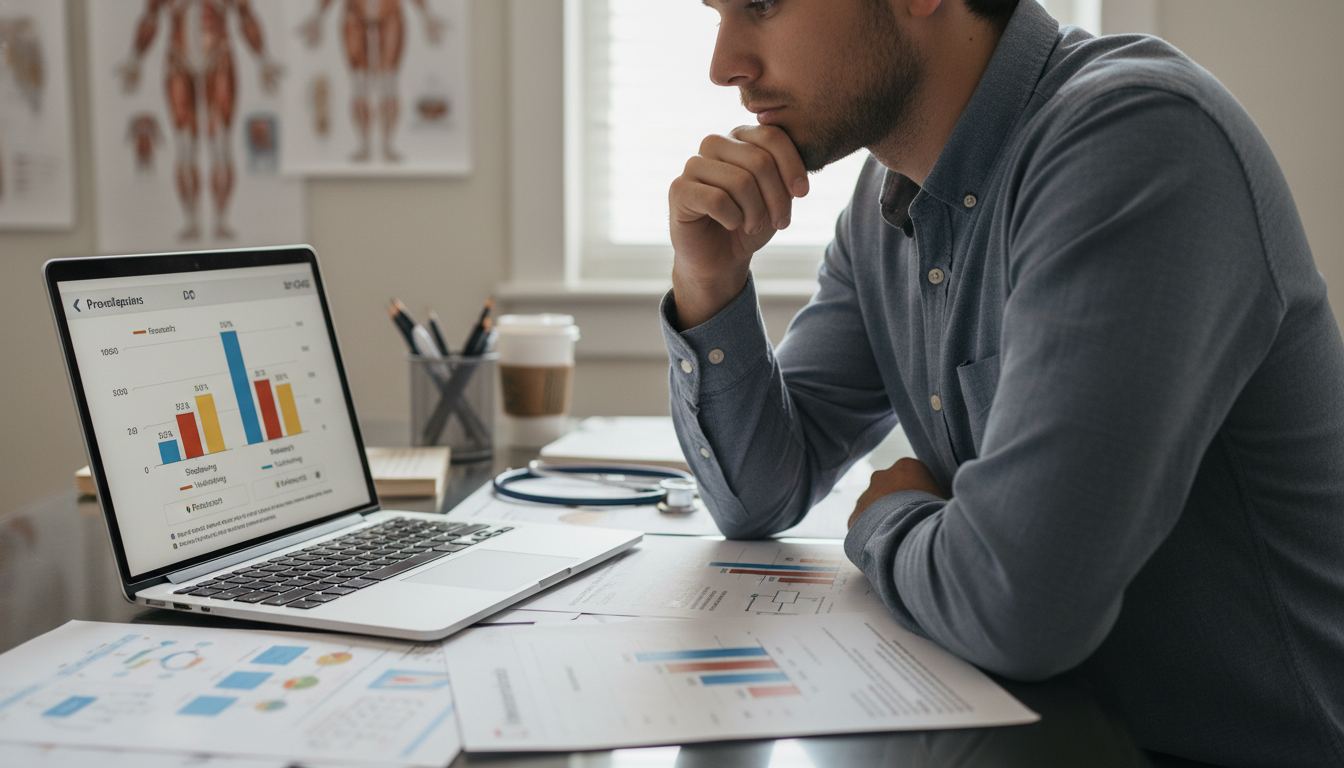 Premedical student comparing shadowing, volunteering, and research experiences using data charts -  for Shadowing, Volunteeri