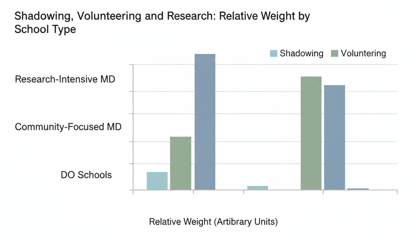 Chart comparing relative importance of shadowing, volunteering, and research by medical school type -  for Shadowing, Volunte