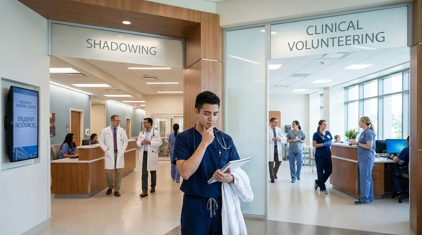 Premed student comparing shadowing and [clinical volunteering](https://residencyadvisor.com/resources/shadowing-experience/wh
