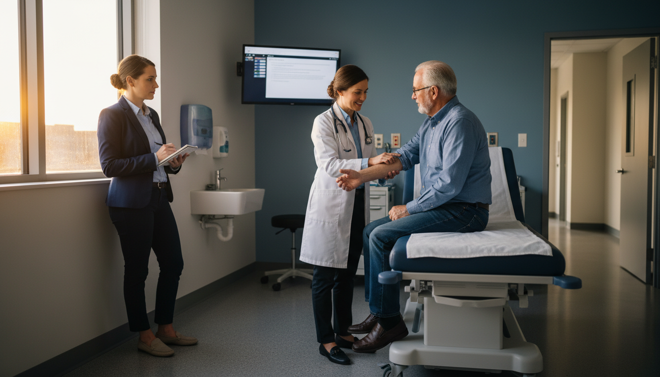 Premed student in business attire taking notes while shadowing a physician after work hours -  for Shadowing When You Work Fu
