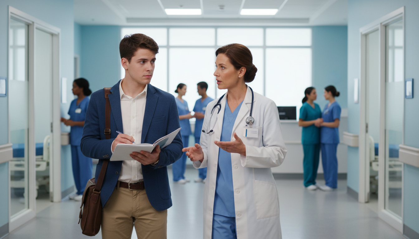 Medical student shadowing a physician in a clinic hallway -  for Should You Shadow Before or After Taking the MCAT? Pros and