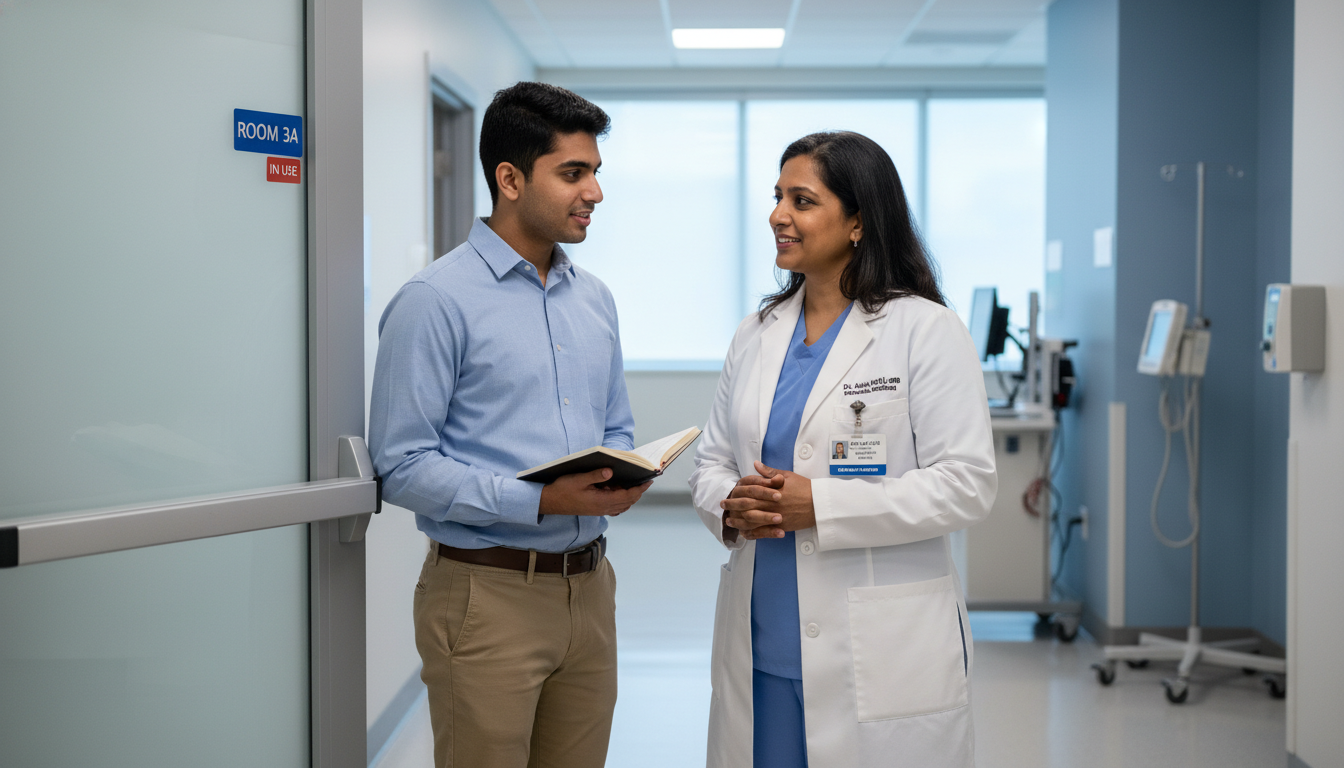 Premed student shadowing a physician in clinic, discussing white coat expectations -  for Should You Wear a White Coat While