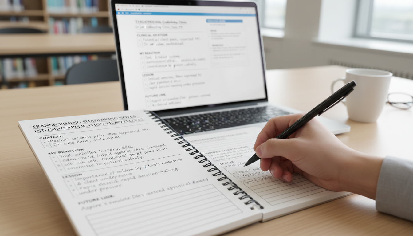 Shadowing note template with key storytelling sections outlined -  for Transforming Shadowing Notes into Strong Application S