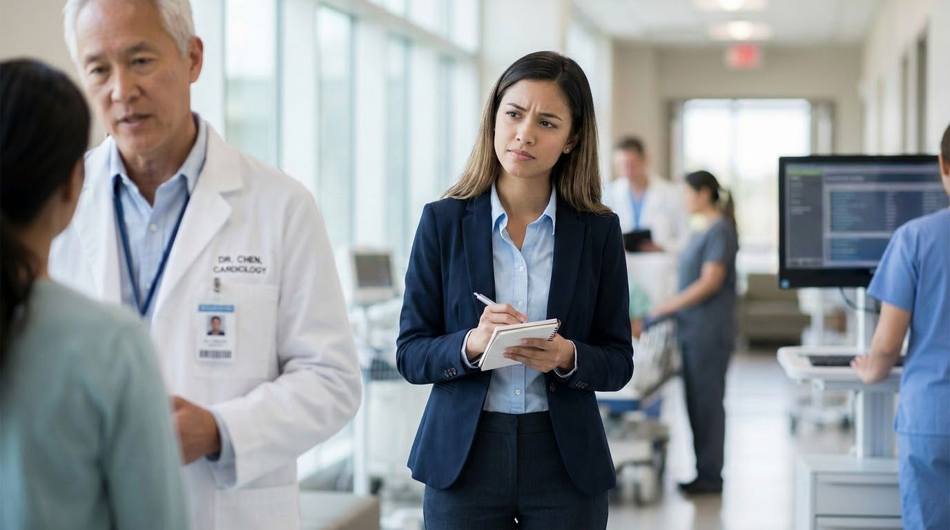 Premed student shadowing a physician while taking notes and reflecting -  for Turn Shadowing into MMI Prep: Practice Ethical