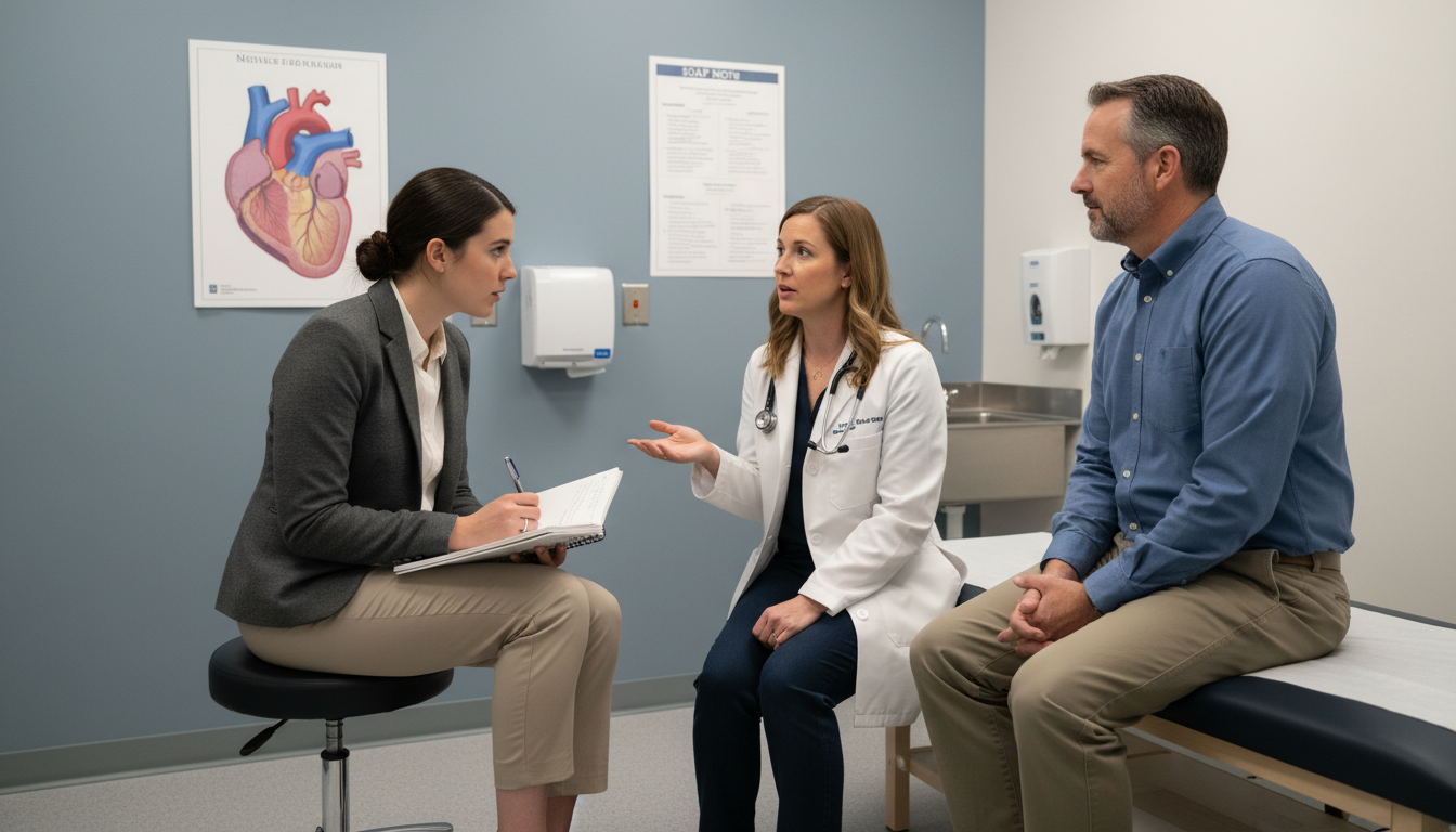 Pre-med student actively engaging during office shadowing with physician and patient -  for Turning a Boring Office Shadowing