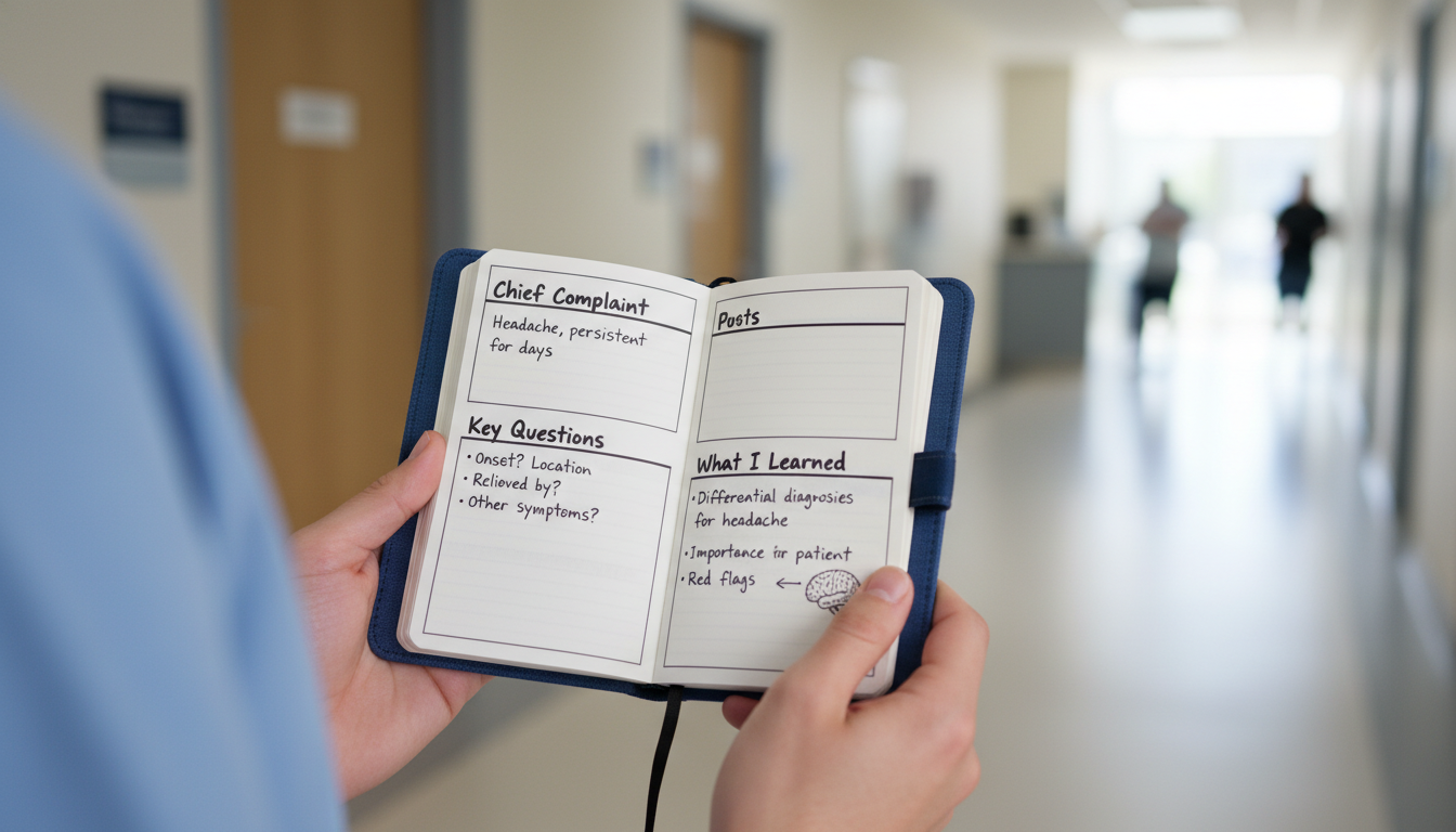 Pre-med student's pocket notebook with structured shadowing notes in a clinic hallway -  for Turning a Boring Office Shadowin