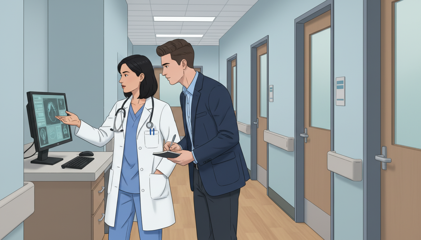 Physician and pre-med student debriefing between patients at a clinic workstation -  for Turning a Boring Office Shadowing Da