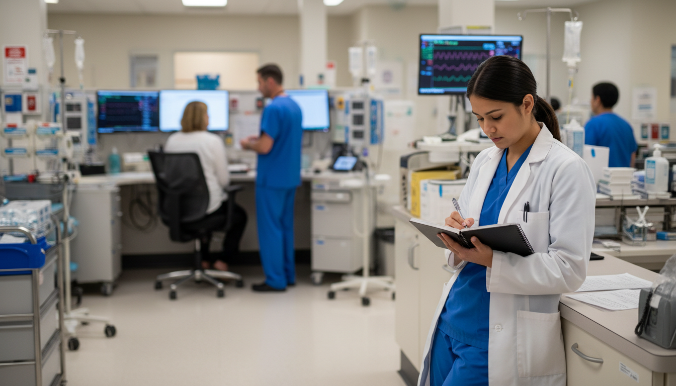 Medical student taking structured notes while shadowing in emergency department -  for Using Shadowing to Learn Clinical Deci