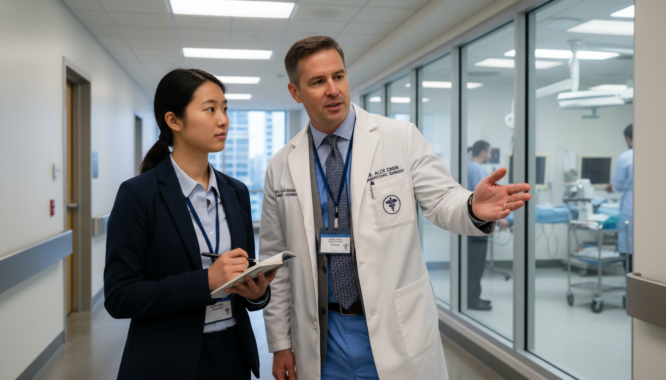Premed student shadowing a physician in a hospital hallway -  for Using Shadowing to Test Specialty Fit: A Structured Evaluat