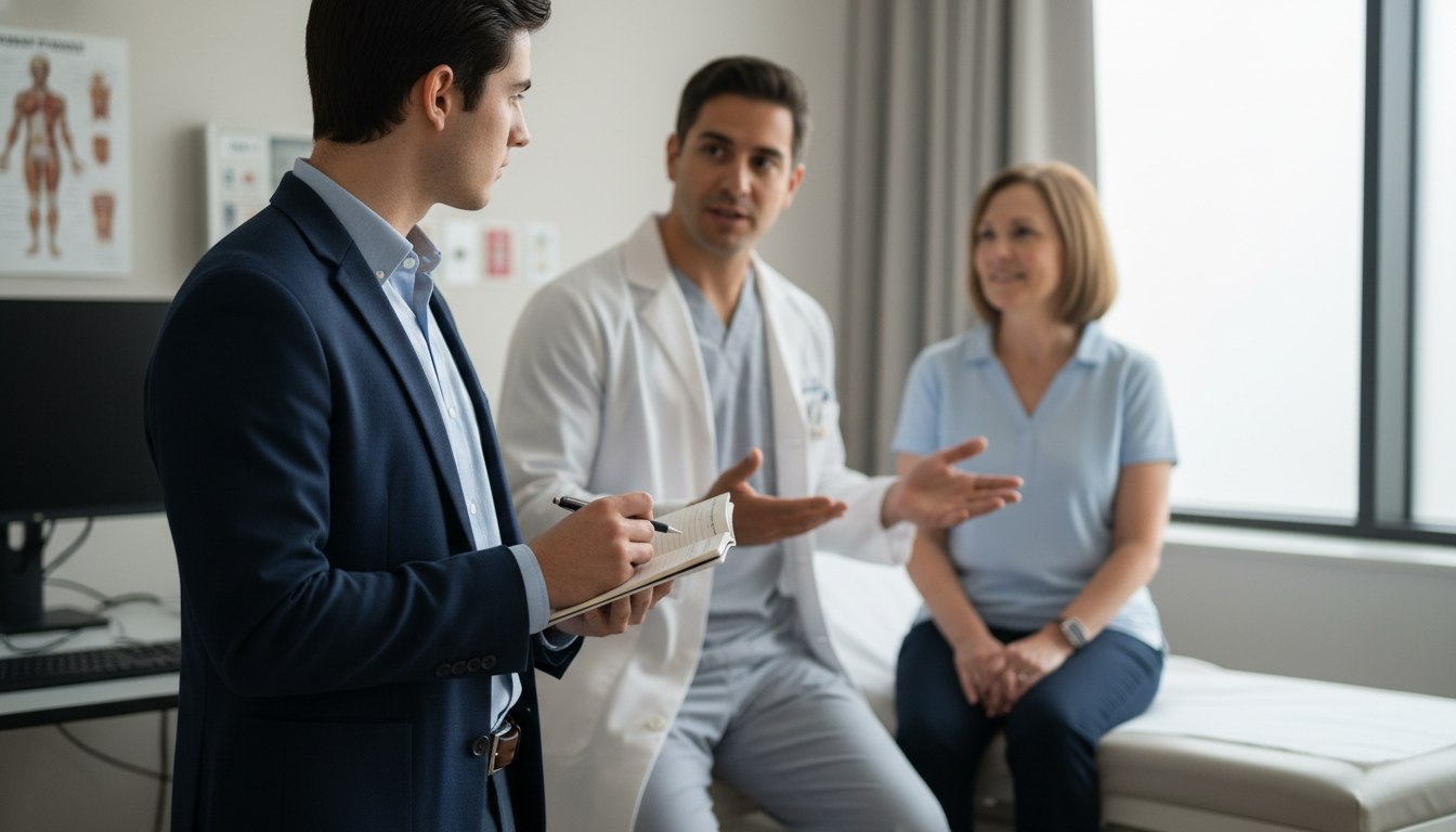 Premed student shadowing a physician in a busy hospital clinic, taking notes thoughtfully -  for What Makes a Premed Memorabl