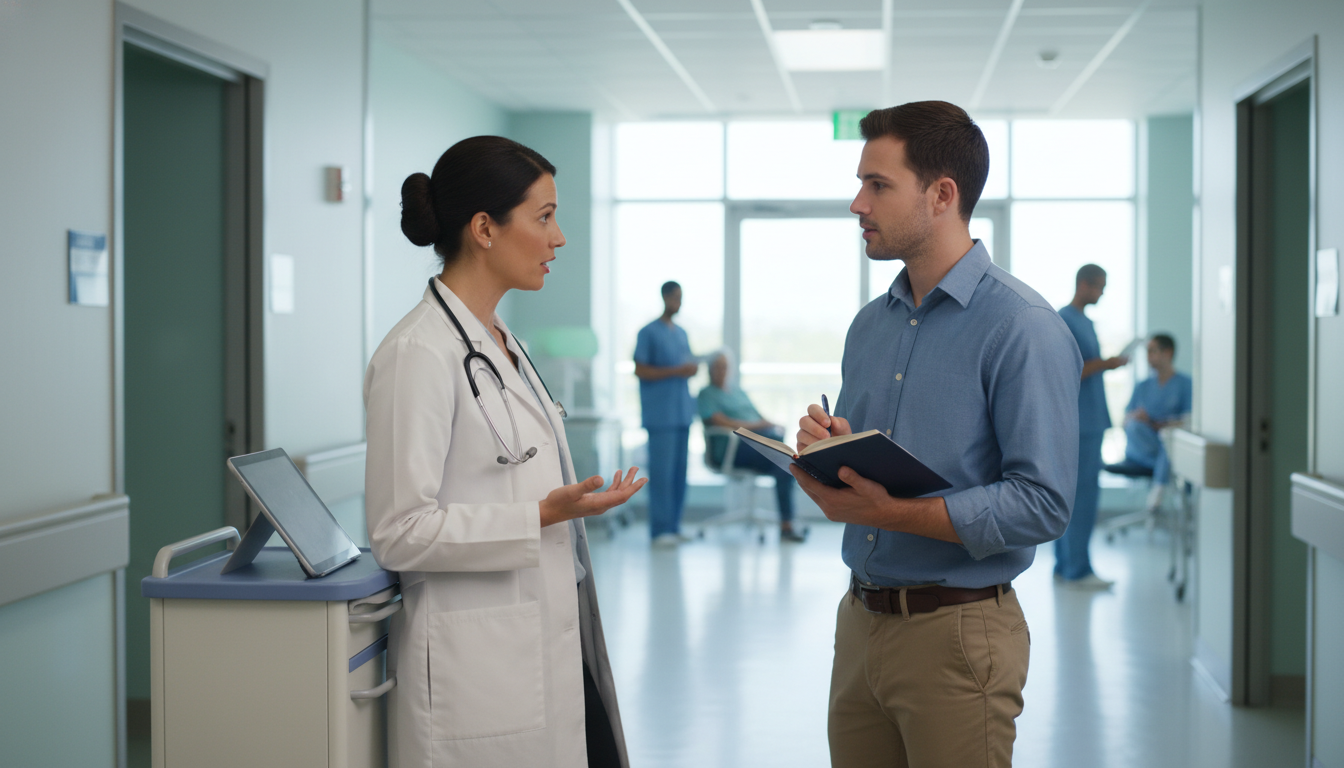 Premed student and physician debriefing in a hospital hallway -  for What Makes a Premed Memorable from Shadowing Alone, Acco