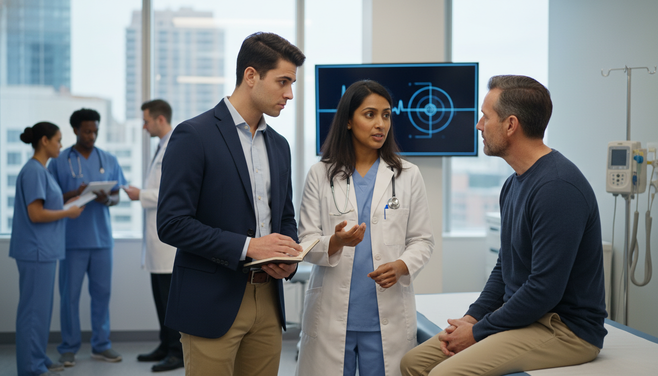 Medical student shadowing a physician in a busy clinic -  for What Physicians Secretly Notice During Your First Shadowing Day