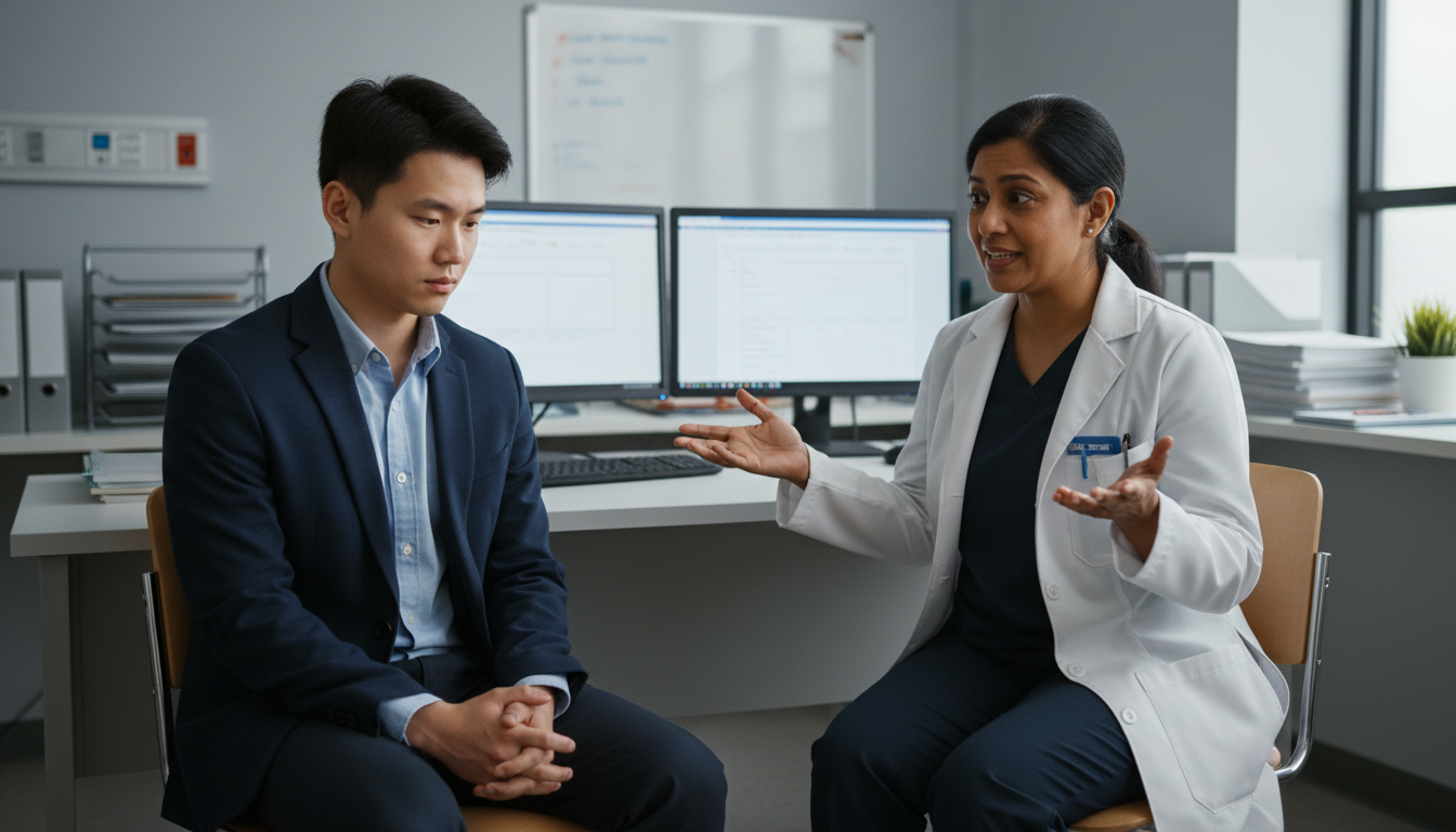 Premed student navigating an uncomfortable shadowing interaction with a physician -  for When a Shadowing Doctor Overshares o