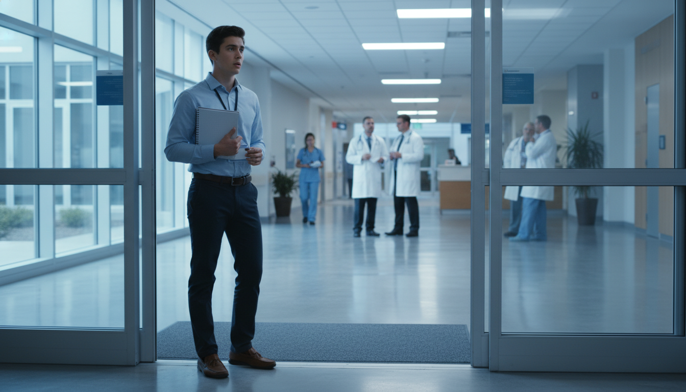 Premed student nervously arriving at a hospital for first day of shadowing -  for Worst First‑Day Shadowing Mistakes That Get