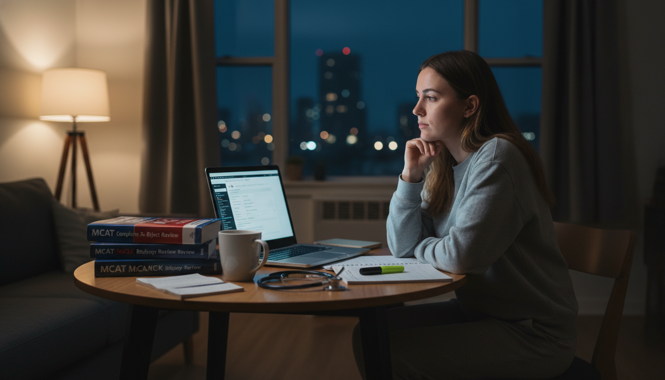 Premed student in a quiet apartment reviewing medical school application during glide year Premed student in a quiet apartment reviewing medical school application during glide year - for Behind Closed Doors: How Po