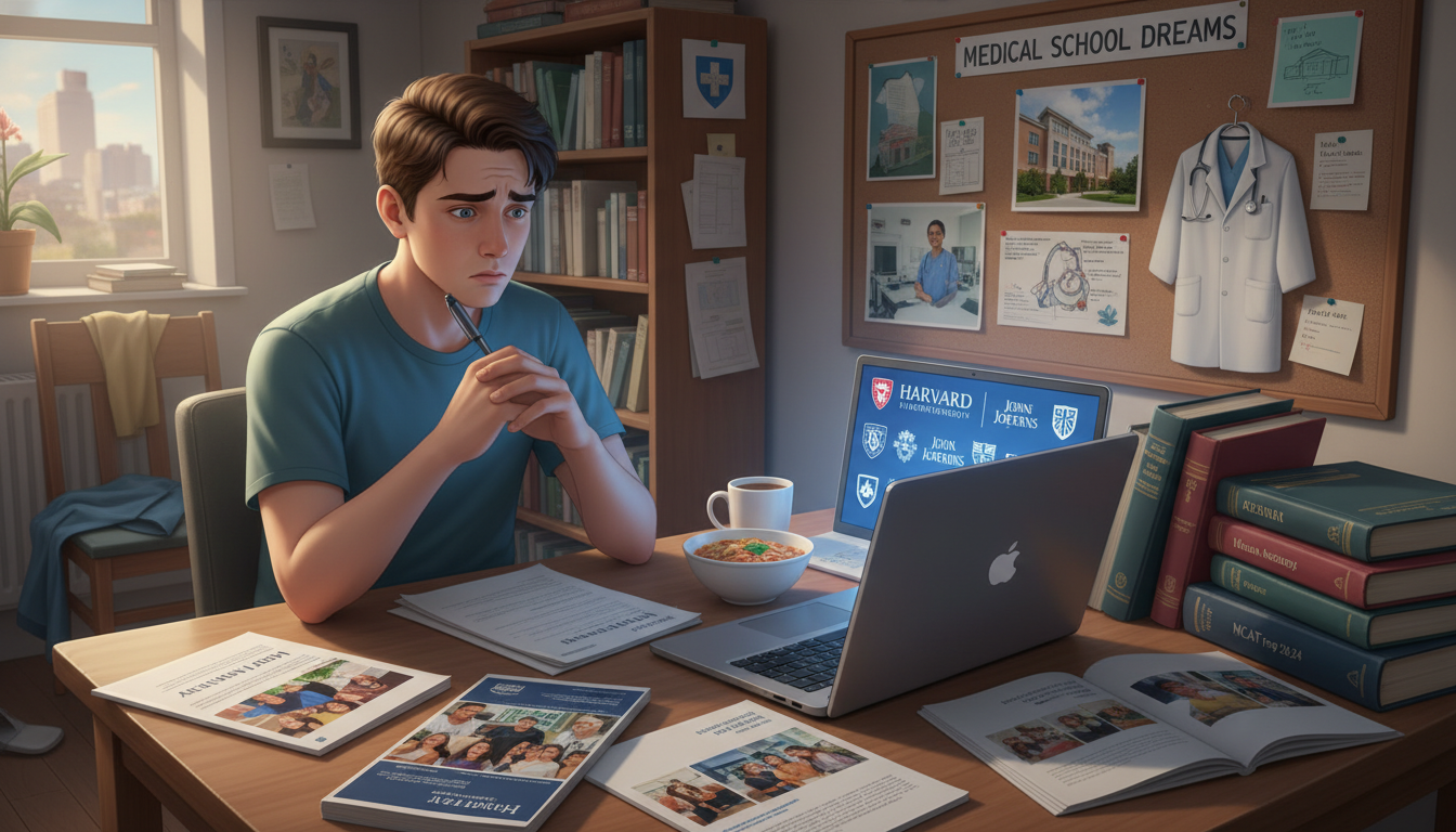 Anxious premed student comparing post-bacc program brochures -  for Choosing Prestige Over Fit: Post-Bacc Branding Mistakes t