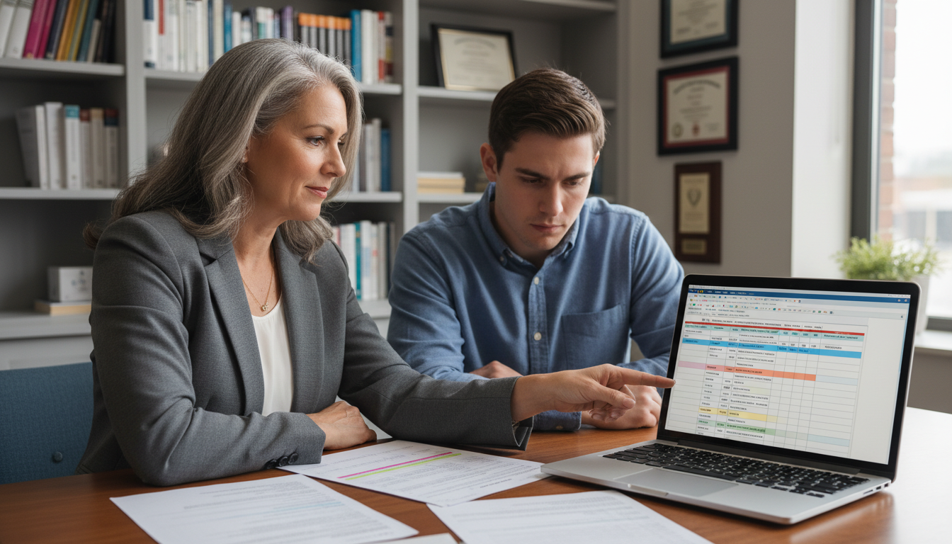 Advisor and student reviewing AMCAS coursework and GPA breakdown -  for Course Selection Traps: Post-Bacc Classes That Don’t