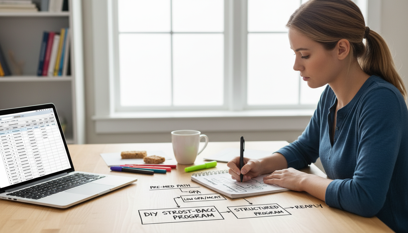 Premed student drawing a decision tree for post-bacc choices -  for DIY Post-Bacc vs Structured Program: A Decision Algorithm