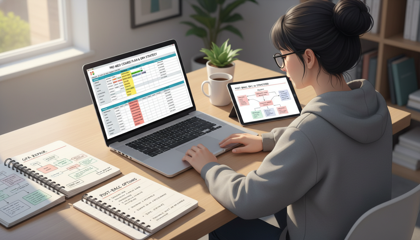 Premed student organizing DIY post-bacc plan on a laptop -  for DIY Post-Bacc vs Structured Program: A Decision Algorithm for