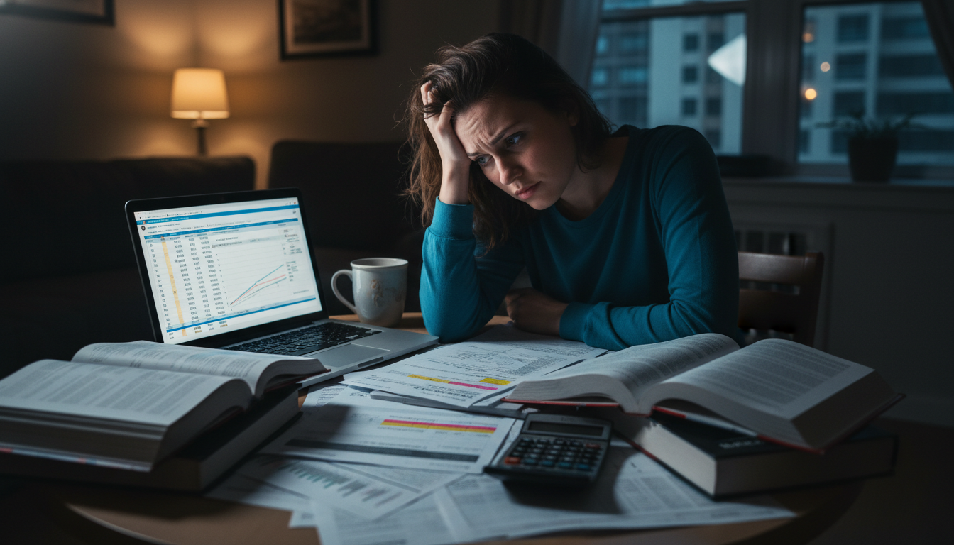 Stressed premed student reviewing post-bacc loan statements late at night -  for Financial Pitfalls: Post-Bacc Debt Decisions