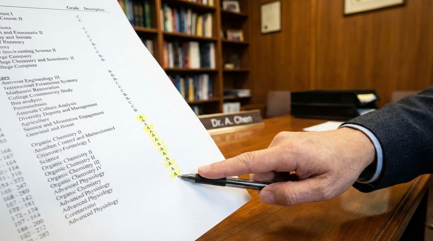 Applicant transcript with upward trend and post-bacc courses highlighted -  for How Post-Bacc Performance Offsets a Low Scien