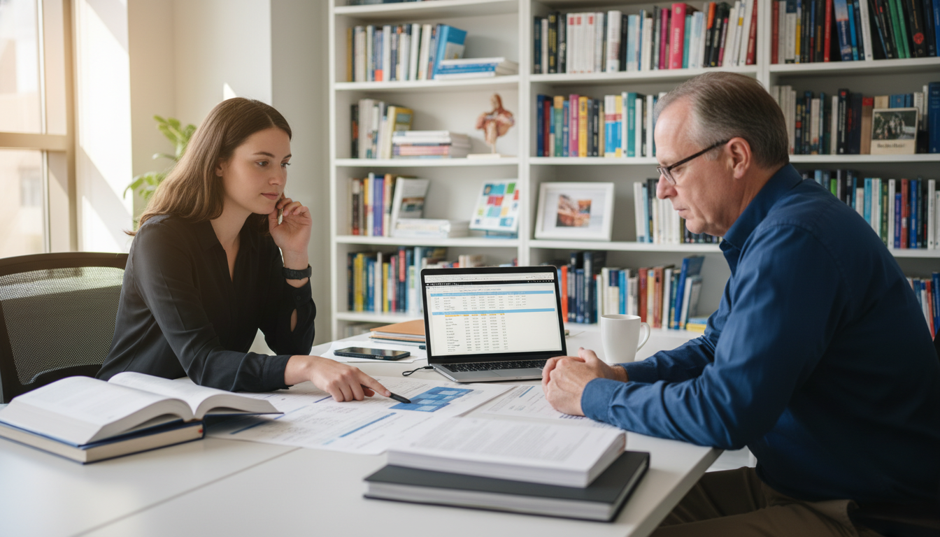Premed student meeting with faculty mentor -  for How to Coordinate Post-Bacc Advisors, Mentors, and LOR Writers Effectively